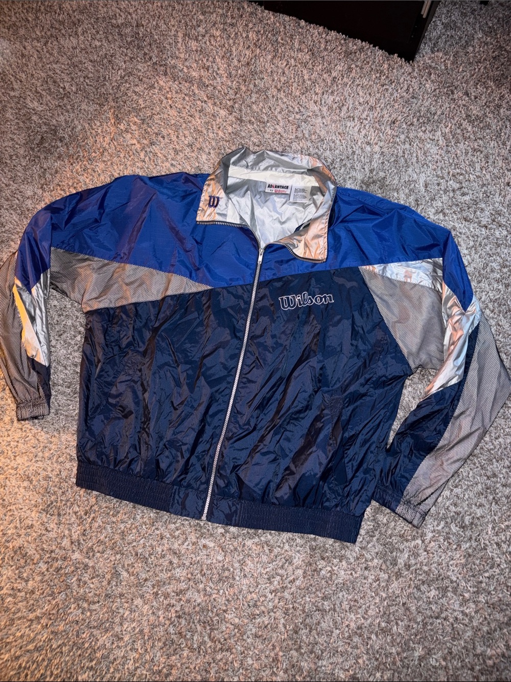 vintage Wilson Blue and Silver Men's Athletic Windbreaker Jacket
